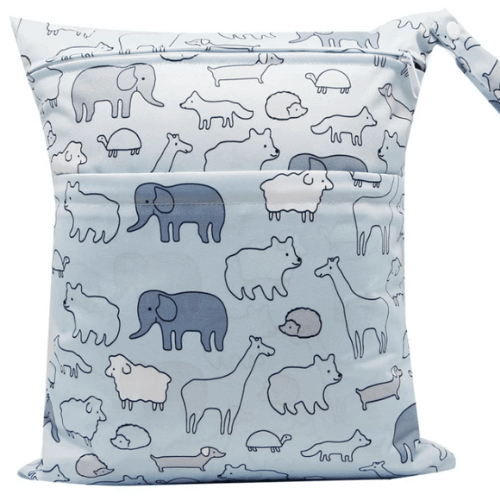 Blue wet bag with animals like sheep, elephants and hedgehogs