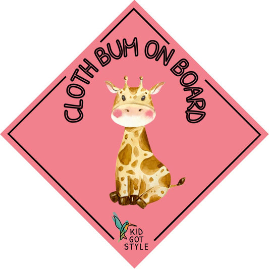 Pink cloth bum on board sticker with a giraffe