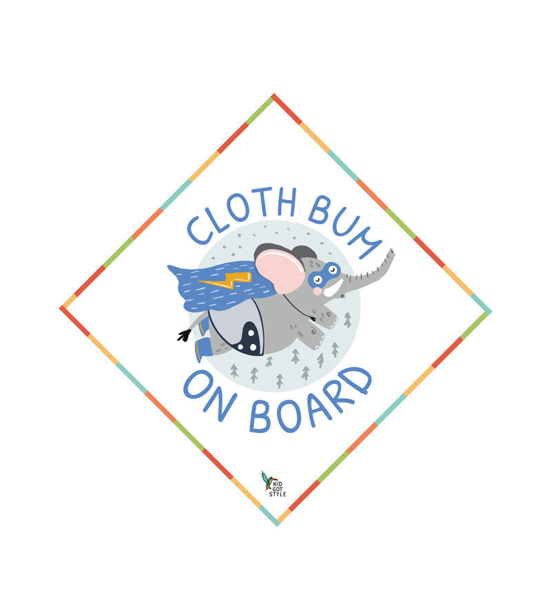 Baby on board car sticker with 'cloth bum on board' written on it and a blue elephant wearing a cloth nappy