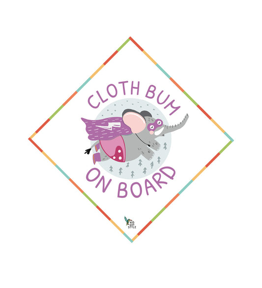 Baby on board car sticker with 'cloth bum on board' written on it and a purple elephant wearing a cloth nappy
