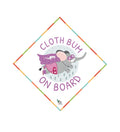 Baby on board car sticker with 'cloth bum on board' written on it and a purple elephant wearing a cloth nappy