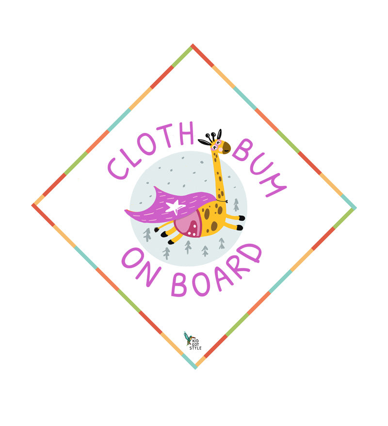 Baby on board car sticker with 'cloth bum on board' written on it and a purple giraffe wearing a cloth nappy