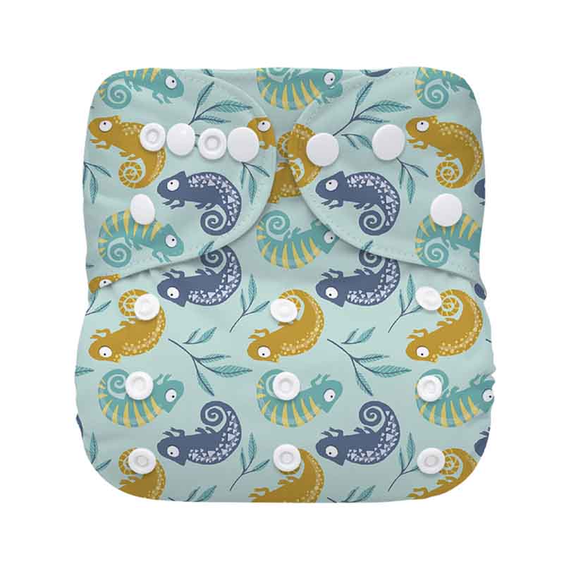 Blue chameleon reusable diaper with an orange and blue chameleon pattern