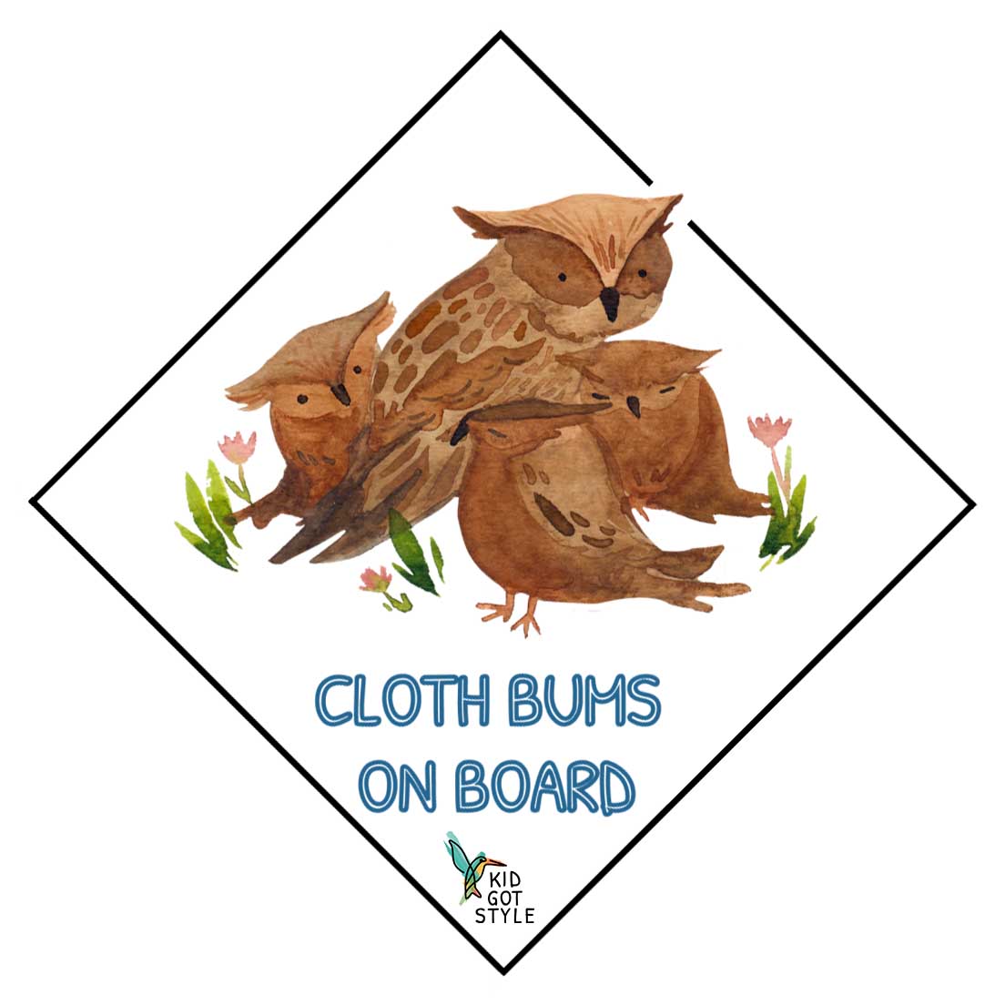 Cloth bums on board sticker with a family of owls