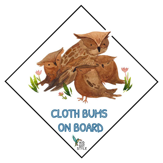 Cloth bums on board sticker with a family of owls