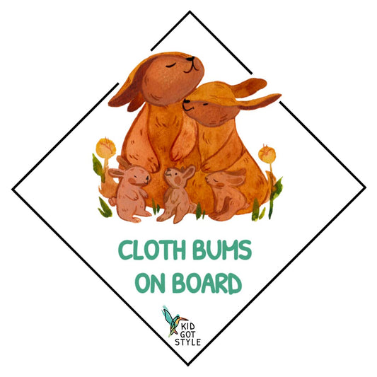 Cloth bum on board sticker with a family of rabbits