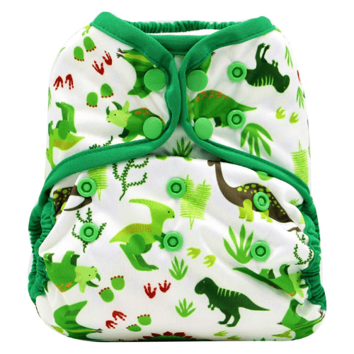 Front view of a nappy cover with green dinosaurs