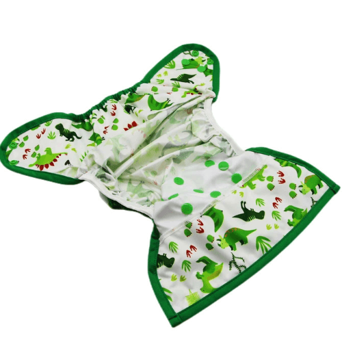 Inside view of a reusable nappy cover with green dinosaurs