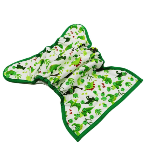 Outside view of a reusable cloth nappy cover with green dinosaurs