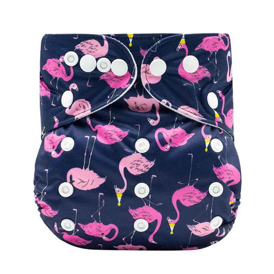 Navy blue cloth diaper with pink flamingos in party hats