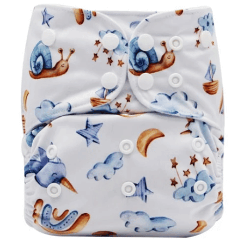 A washable cloth nappy with a snails, moons, clouds, mobiles, rainbows and narwhals pattern, with shades of blue and gold