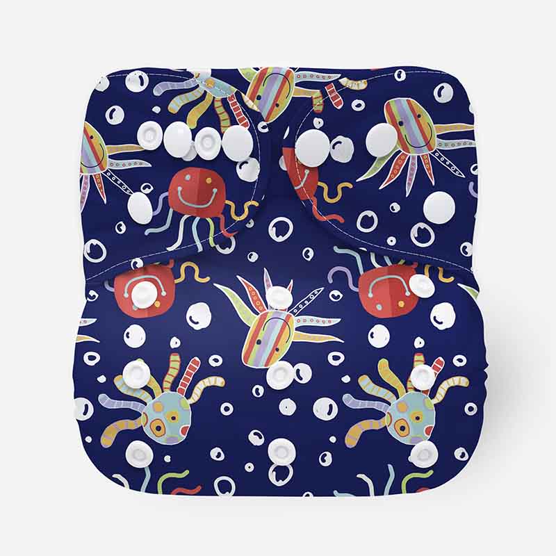 Blue reusable cloth nappy with smiling, happy octopuses and bubbles