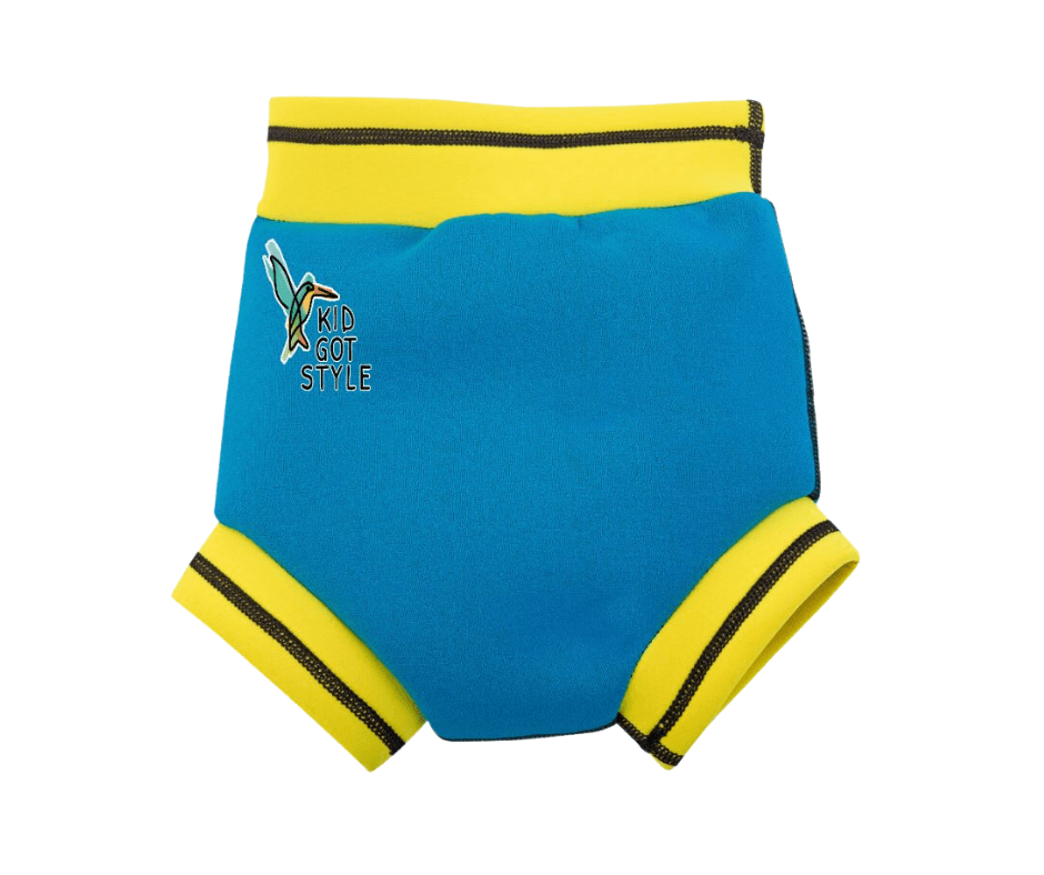 Light blue reusable swim nappy with yellow trim