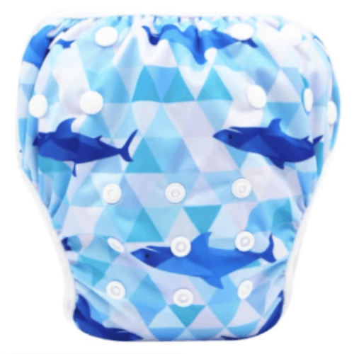 Sharks on a swimming nappy with blue triangle shapes