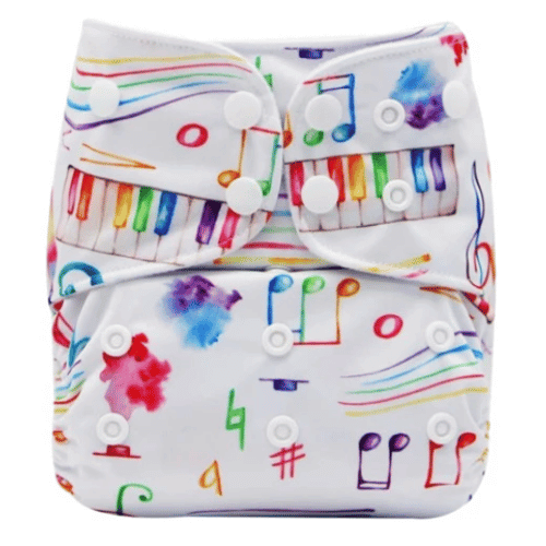 Multi-coloured music notes on a reusable cloth nappy