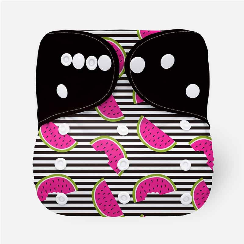 Cloth diaper with black and white stripes, pink watermelons and black wings
