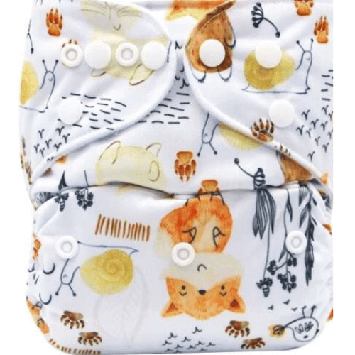 A cloth nappy with snails, foxes, bears and feathers on a white background